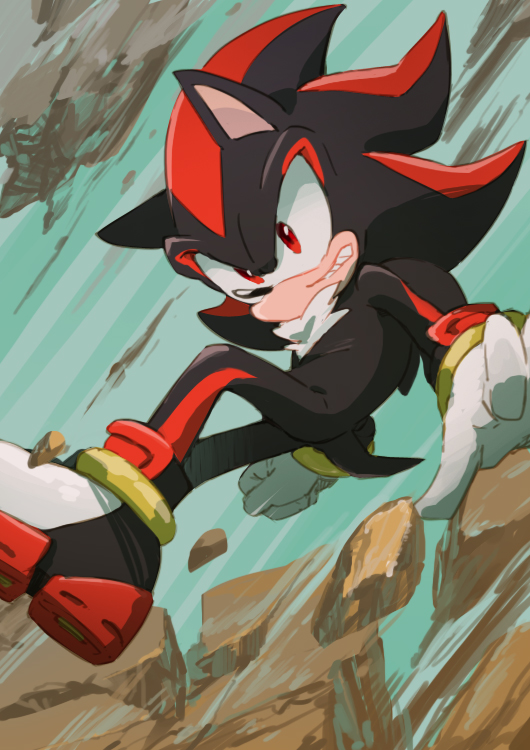 1boy action animal_ears animal_nose clenched_teeth gloves jewelry male_focus msg01 red_eyes ring rock shadow_the_hedgehog shoes solo sonic_the_hedgehog teeth white_gloves