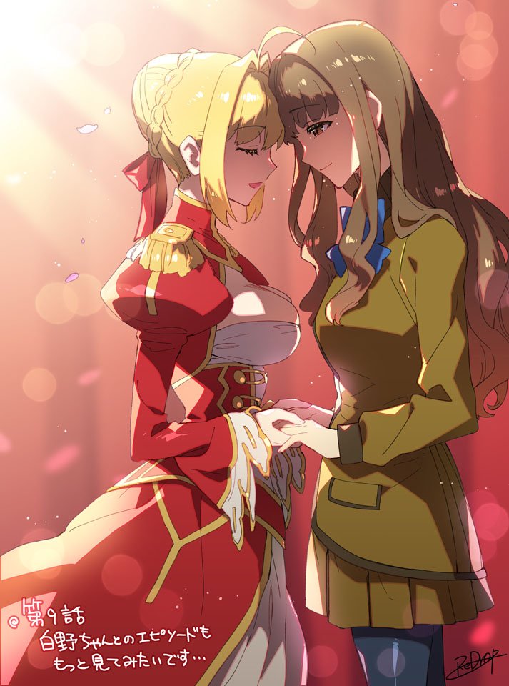 2girls blue_ribbon blurry bokeh breasts brown_eyes brown_hair closed_eyes cowboy_shot depth_of_field epaulettes fate/extra fate_(series) forehead-to-forehead holding_hands juliet_sleeves kishinami_hakuno_(female) large_breasts long_hair long_sleeves multiple_girls puffy_sleeves rating red_ribbon redrop ribbon smile wavy_hair wide_sleeves yuri