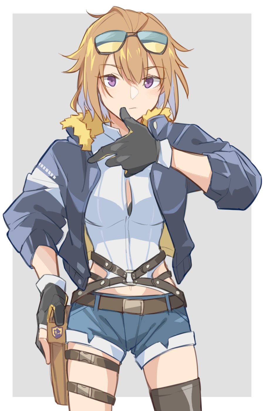 1girl aviator_sunglasses black_bra blonde_hair border bra bra_peek breasts denim denim_shorts eyewear_on_head girls_frontline grey_background grizzly_mkv_(girls_frontline) hair_between_eyes highres holster jacket jacket_on_shoulders medium_breasts midriff_peek navel outside_border short-haired_girl_(osomatsu-san) shorts single_thighhigh solo sunglasses thigh-highs thigh_holster underwear violet_eyes white_border xinhao