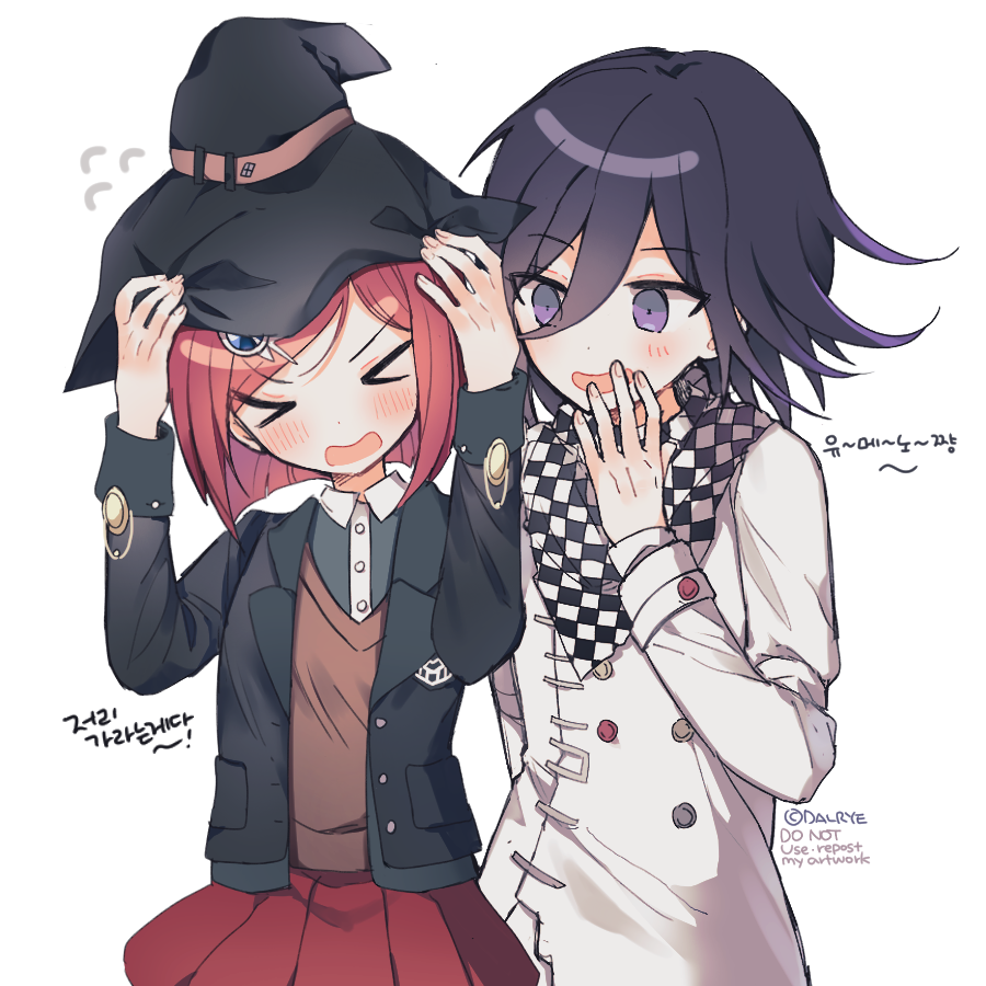 &gt;_&lt; 1boy 1girl arms_up artist_request bangs black_hair black_headwear black_jacket blush brown_sweater_vest checkered checkered_neckwear checkered_scarf closed_eyes commentary_request dalrye_v3 dangan_ronpa double-breasted dress_shirt gem hair_between_eyes hair_ornament hand_up hands_on_headwear hat jacket long_sleeves new_dangan_ronpa_v3 open_mouth ouma_kokichi pleated_skirt purple_hair red_skirt redhead repost_notice scarf school_uniform shirt short_hair simple_background skirt smile straitjacket sweater_vest translation_request upper_body violet_eyes whispering white_background white_jacket white_shirt witch_hat yumeno_himiko