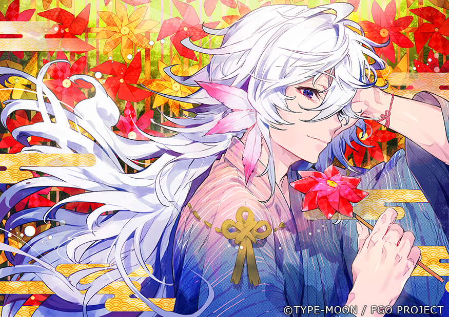 1boy bracelet closed_mouth fate/grand_order fate_(series) feathers floating_hair from_side hair_feathers hand_up holding jewelry long_hair looking_at_viewer looking_to_the_side merlin_(fate) mika_pikazo official_art smile solo tassel violet_eyes watermark white_hair