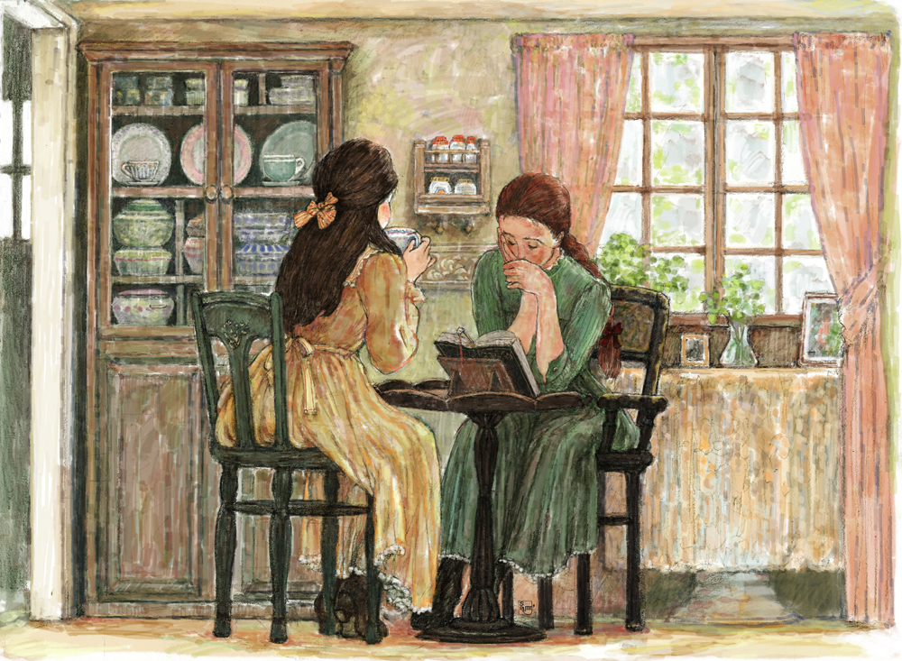 2girls anne_of_green_gables anne_shirley black_footwear black_hair blue_eyes book bow brown_hair cabinet chair cup curtains diana_barry dress green_dress hair_bow head_rest long_hair long_sleeves multiple_girls open_book pink_curtains plate shelf silverlining_j table window world_masterpiece_theater yellow_bow yellow_dress