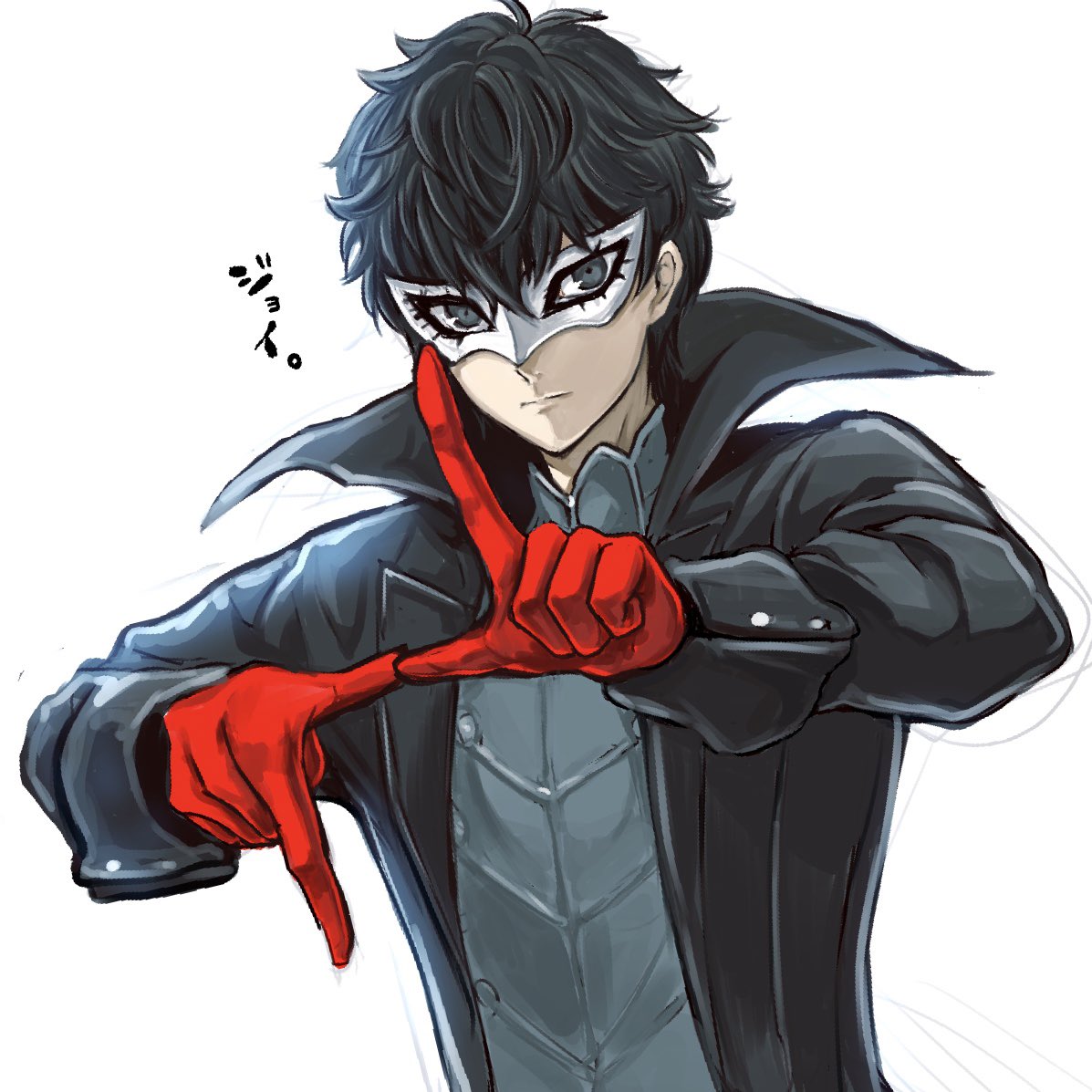 1boy amamiya_ren black_coat black_eyes black_hair closed_mouth coat gloves igusaharu index_finger_raised long_sleeves looking_at_viewer male_focus mask open_clothes open_coat persona persona_5 red_gloves simple_background solo upper_body white_background