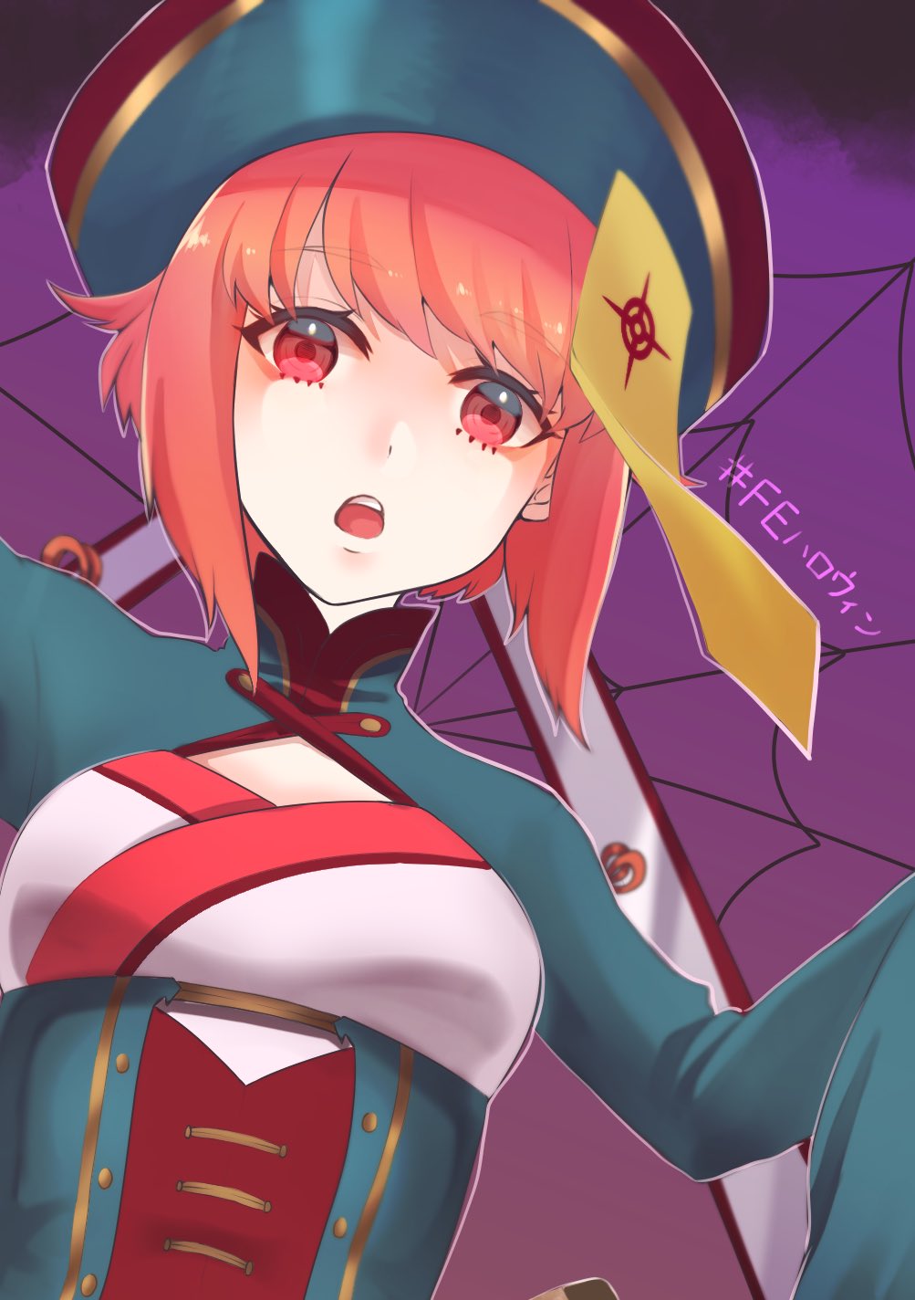 1girl blue_legwear breasts candy capri_pants chinese_clothes fire_emblem fire_emblem_heroes food halloween halloween_costume highres jiangshi looking_at_viewer open_mouth pants pink_hair red_eyes sakura_(fire_emblem) short_hair silk solo spider_web tyotto_ko_i