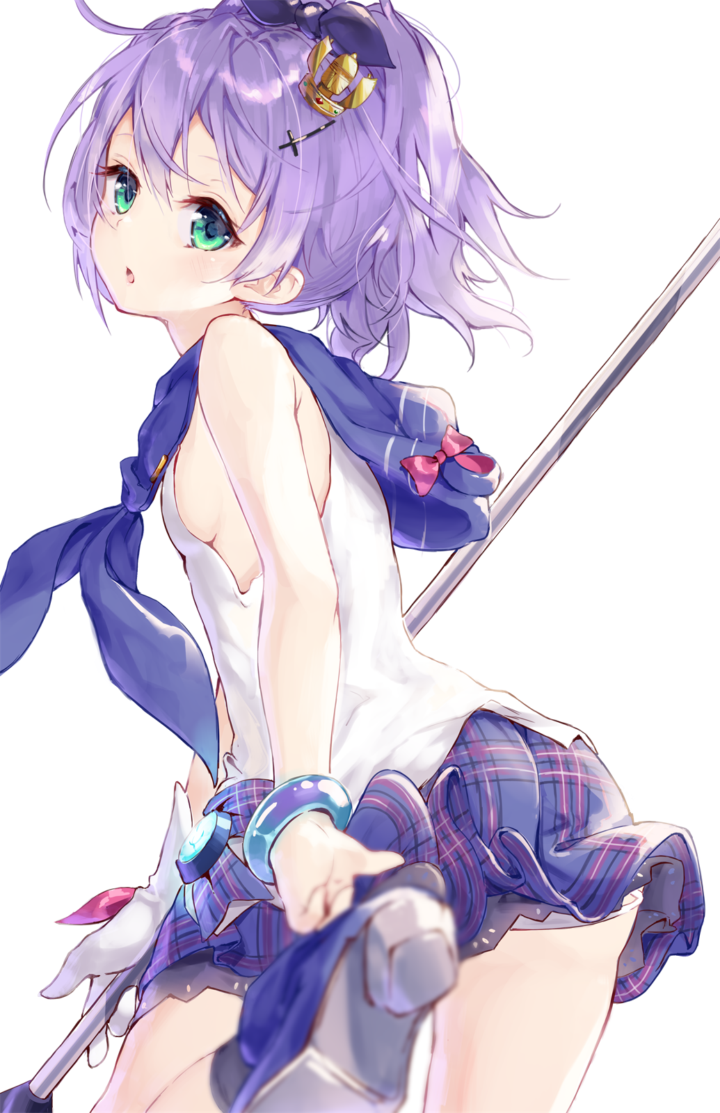 1girl azur_lane bare_arms bare_shoulders blue_skirt cowboy_shot from_behind green_eyes hair_ornament high_heels highres holding javelin_(azur_lane) leg_up long_hair looking_at_viewer looking_back miniskirt parted_lips plaid plaid_skirt ponytail purple_hair shirt shoes simple_background skirt sleeveless sleeveless_shirt solo t-bth white_background white_shirt