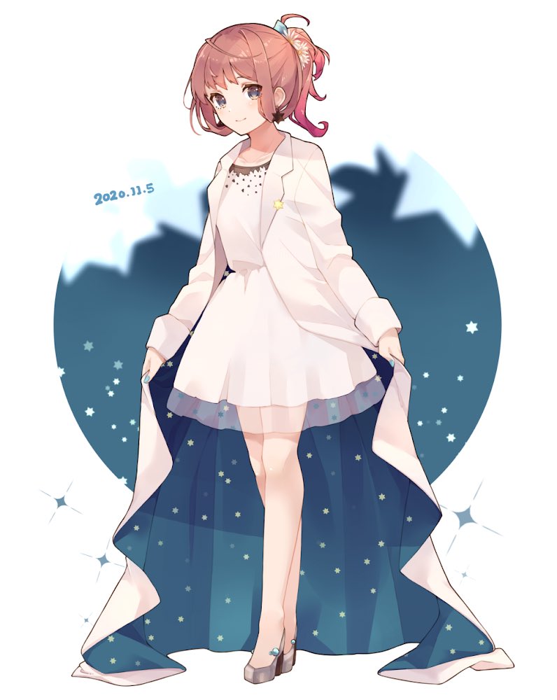 1girl alternate_costume alternate_hairstyle asagumo_(kantai_collection) bare_legs blush brown_hair closed_mouth dated dress full_body grey_eyes grey_footwear high_heels kantai_collection long_hair long_sleeves shakemi_(sake_mgmgmg) smile solo white_dress