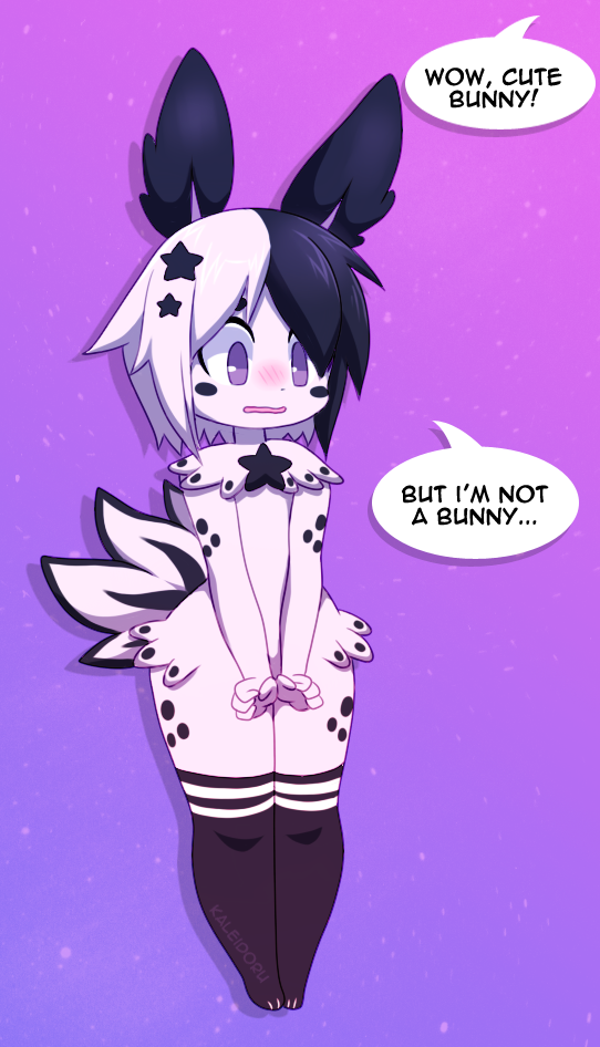 black_hair blush blush_stickers catknap commentary english_commentary english_text full_body furry gender_request multicolored_hair open_mouth original purple_background rui_(catknap) simple_background solo standing two-tone_hair violet_eyes white_hair