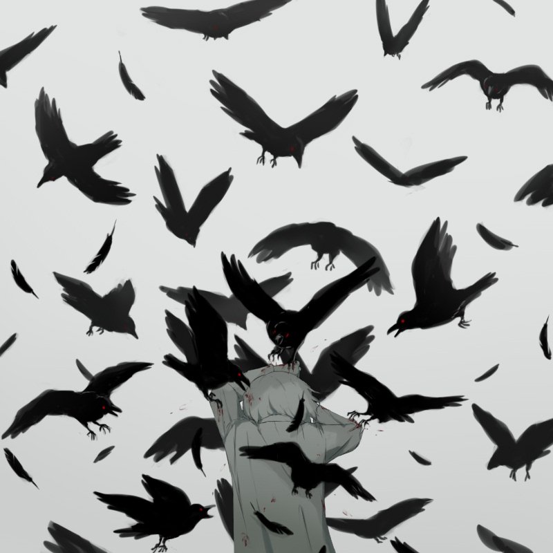 1boy attack avogado6 bird blood crow from_behind grey_background long_sleeves original shirt simple_background solo standing white_hair white_shirt