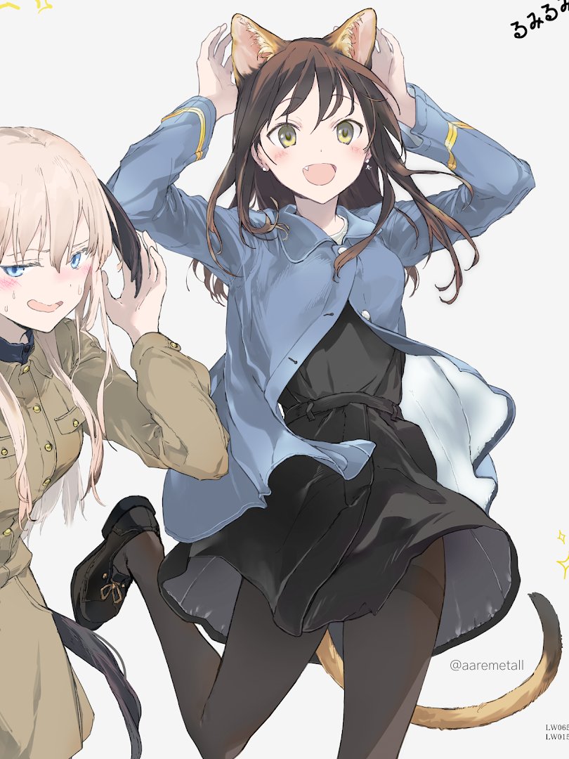 2girls animal_ears black_dress black_eyes black_footwear black_legwear blue_eyes blue_jacket blush brown_hair brown_jacket cat_ears commentary_request dog_ears dress earrings eleonore_giovanna_gassion fang idol_witches jacket jewelry light_brown_hair lyudmila_andreyevna_ruslanova multiple_girls open_mouth sweat twitter_username wavy_mouth world_witches_series wss_(32656138)