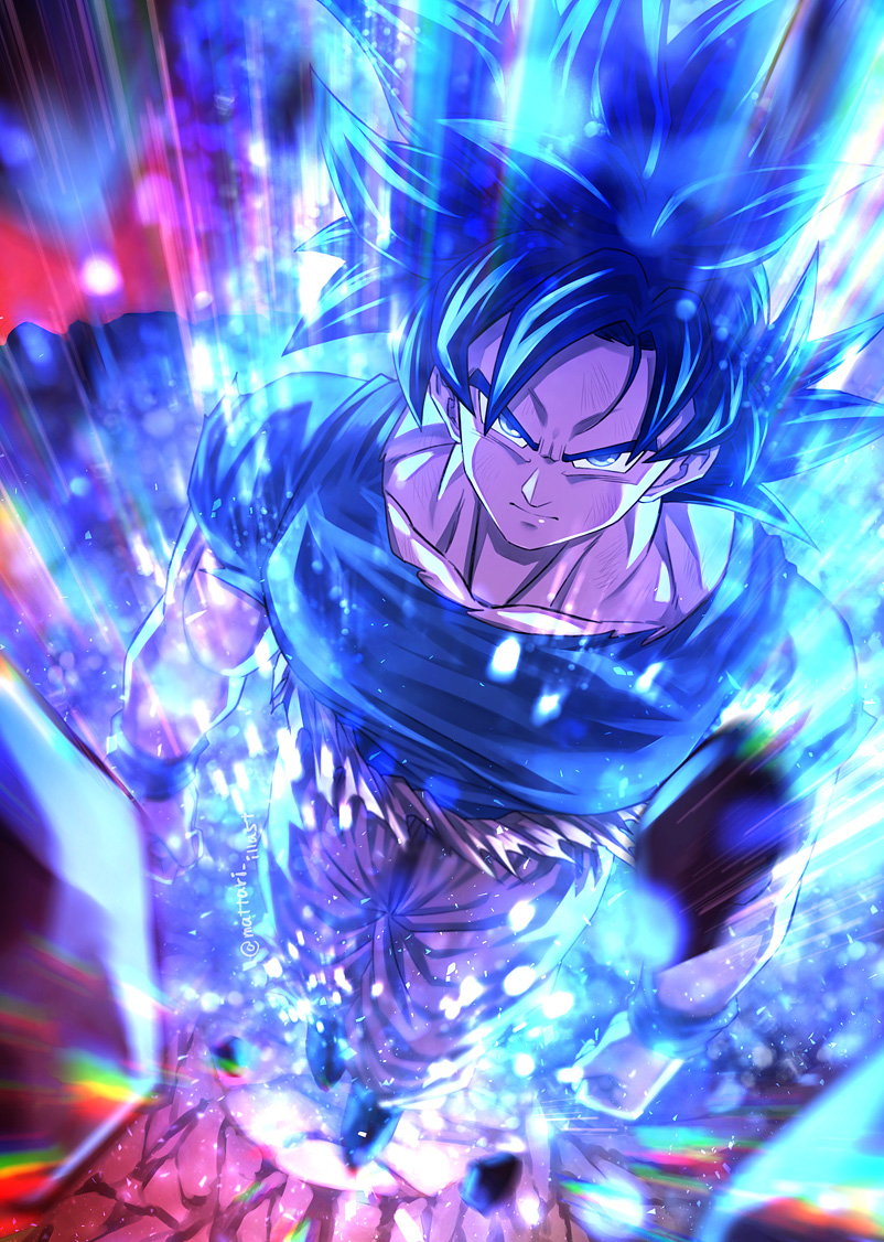 1boy arms_at_sides aura black_hair blue_shirt bracer clenched_hands closed_mouth collarbone dragon_ball dragon_ball_super full_body grey_eyes looking_at_viewer male_focus mattari_illust orange_pants rock serious shirt solo son_goku standing torn_clothes ultra_instinct v-shaped_eyebrows