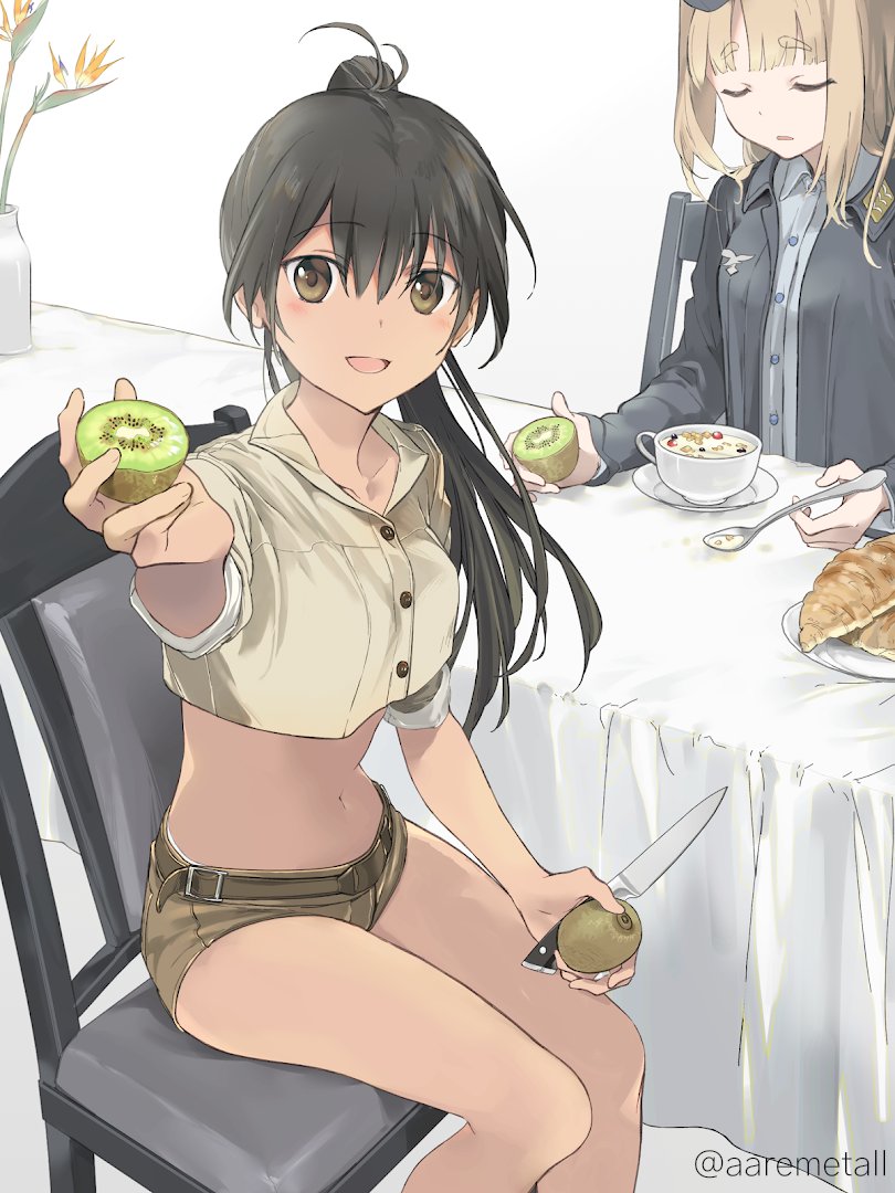 2girls belt black_hair blush brown_eyes brown_shorts chair collared_shirt commentary_request croissant crop_top crop_top_overhang food fruit grey_shirt holding holding_food idol_witches kiwifruit knife light_brown_hair long_hair looking_at_viewer manaia_matawhaura_hato maria_magdalena_dietrich micro_shorts midriff military military_uniform multiple_girls navel open_mouth ponytail shirt shorts sitting sleeves_rolled_up spoon stomach thighs twitter_username uniform world_witches_series wss_(32656138)
