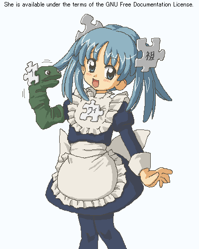 1girl :d apron arm_at_side background_text bangs blue_dress blue_eyes blue_hair blue_legwear bow commentary contrapposto dot_nose dress english_commentary english_text eyebrows_visible_through_hair feet_out_of_frame frilled_apron frills hand_puppet hand_up head_tilt juliet_sleeves kasuga39 knees_together_feet_apart light_blue_background long_hair long_sleeves looking_at_viewer looking_to_the_side lowres maid motion_lines oekaki open_mouth pantyhose puffy_sleeves puppet puzzle_piece simple_background sleeve_cuffs smile solo tareme toy twintails waist_apron white_apron white_bow wikipe-tan wikipedia wrist_extended