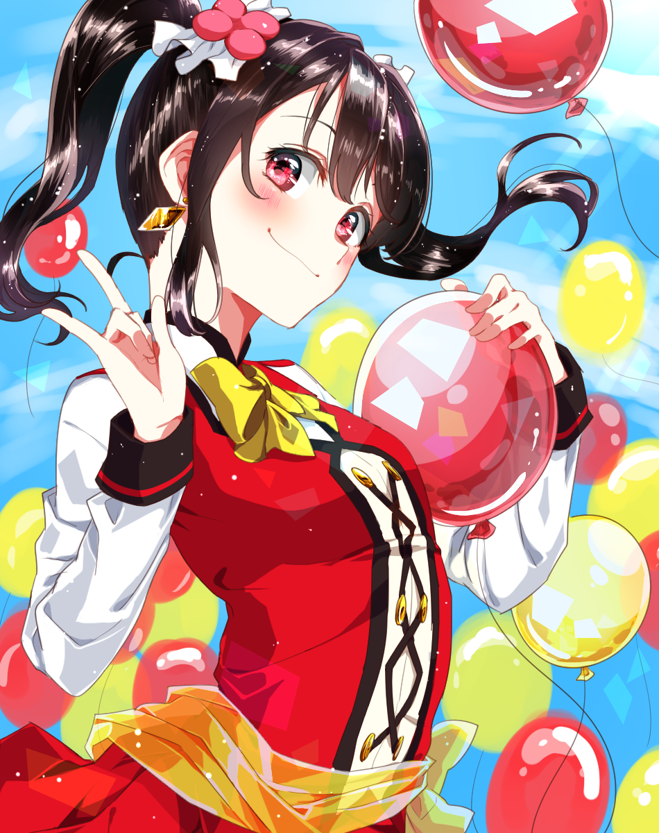 1girl balloon bangs black_hair blush breasts closed_mouth floating_hair hair_between_eyes highres long_hair long_sleeves love_live! love_live!_school_idol_project niro_(sikabanekurui) pleated_skirt red_eyes red_skirt shiny shiny_hair skirt small_breasts smile solo standing twintails white_sleeves yazawa_nico yellow_neckwear
