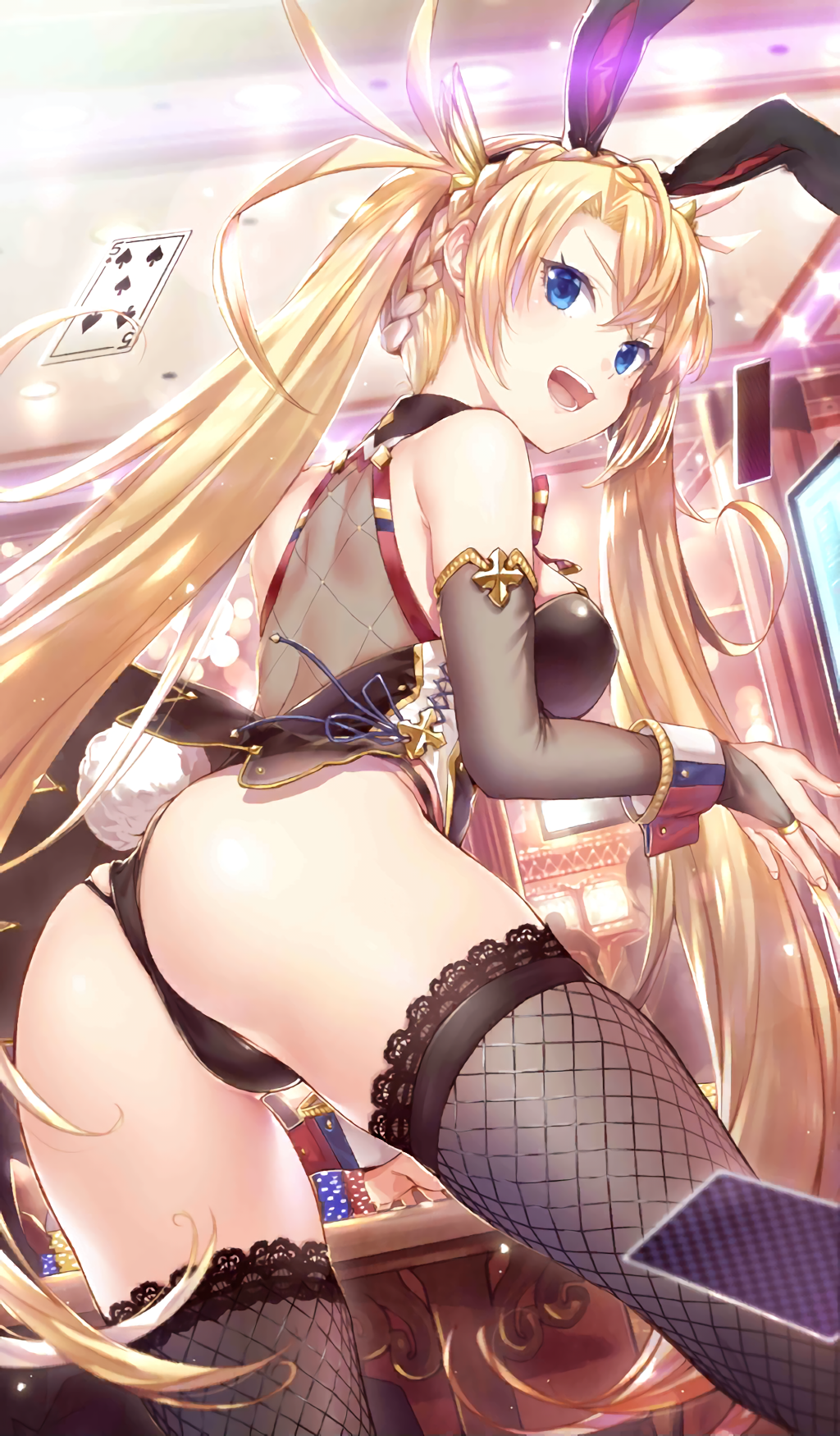 1girl :d animal_ears arm_support ass back black_gloves blonde_hair blue_eyes bradamante_(fate/grand_order) braid breasts bridal_gauntlets bunny_tail buriki card casino craft_essence crown_braid elbow_gloves fake_animal_ears fate/grand_order fate_(series) fishnet_legwear fishnets from_side gloves hairband highres long_hair looking_back official_art open_mouth playboy_bunny playing_card poker_chip rabbit_ears smile solo table tail teeth thigh-highs twintails v-shaped_eyebrows very_long_hair welcome_bunny_(fate/grand_order) wrist_cuffs