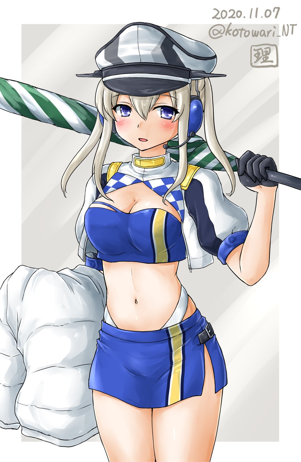 1girl artist_logo bandeau black_gloves blonde_hair blue_skirt commentary_request cosplay cropped_jacket dated gloves gotland_(kantai_collection) gotland_(kantai_collection)_(cosplay) graf_zeppelin_(kantai_collection) grey_eyes hair_between_eyes half_gloves highres jacket kantai_collection kotowari_(newtype_kenkyuujo) long_hair looking_at_viewer midriff navel racequeen shrug_(clothing) sidelocks skirt solo twintails twitter_username umbrella white_background white_jacket