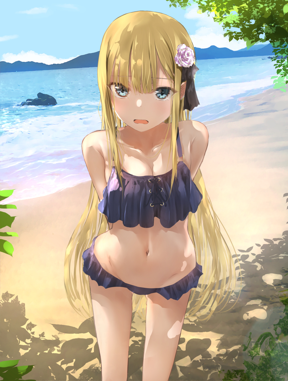 1girl aqua_eyes arms_behind_back bangs beach bikini black_legwear blonde_hair blue_bikini blue_sky blush breasts fate_(series) flower hair_flower hair_ornament hair_ribbon highres long_hair looking_at_viewer lord_el-melloi_ii_case_files miniskirt open_mouth pantyhose reines_el-melloi_archisorte ribbon sakazakinchan shore skirt sky small_breasts swimsuit thighs