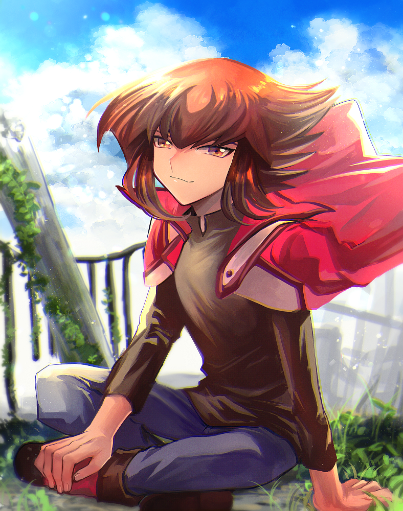 bangs black_shirt blue_pants brown_eyes brown_hair closed_mouth clouds day duel_academy_uniform_(yu-gi-oh!_gx) floating_hair hair_between_eyes hands_on_feet indian_style jacket jacket_on_shoulders long_hair long_sleeves looking_at_viewer multicolored_hair open_clothes open_jacket outdoors pants red_jacket shiny shiny_hair shirt sitting sk816 smile two-tone_hair yu-gi-oh! yu-gi-oh!_gx yuuki_juudai