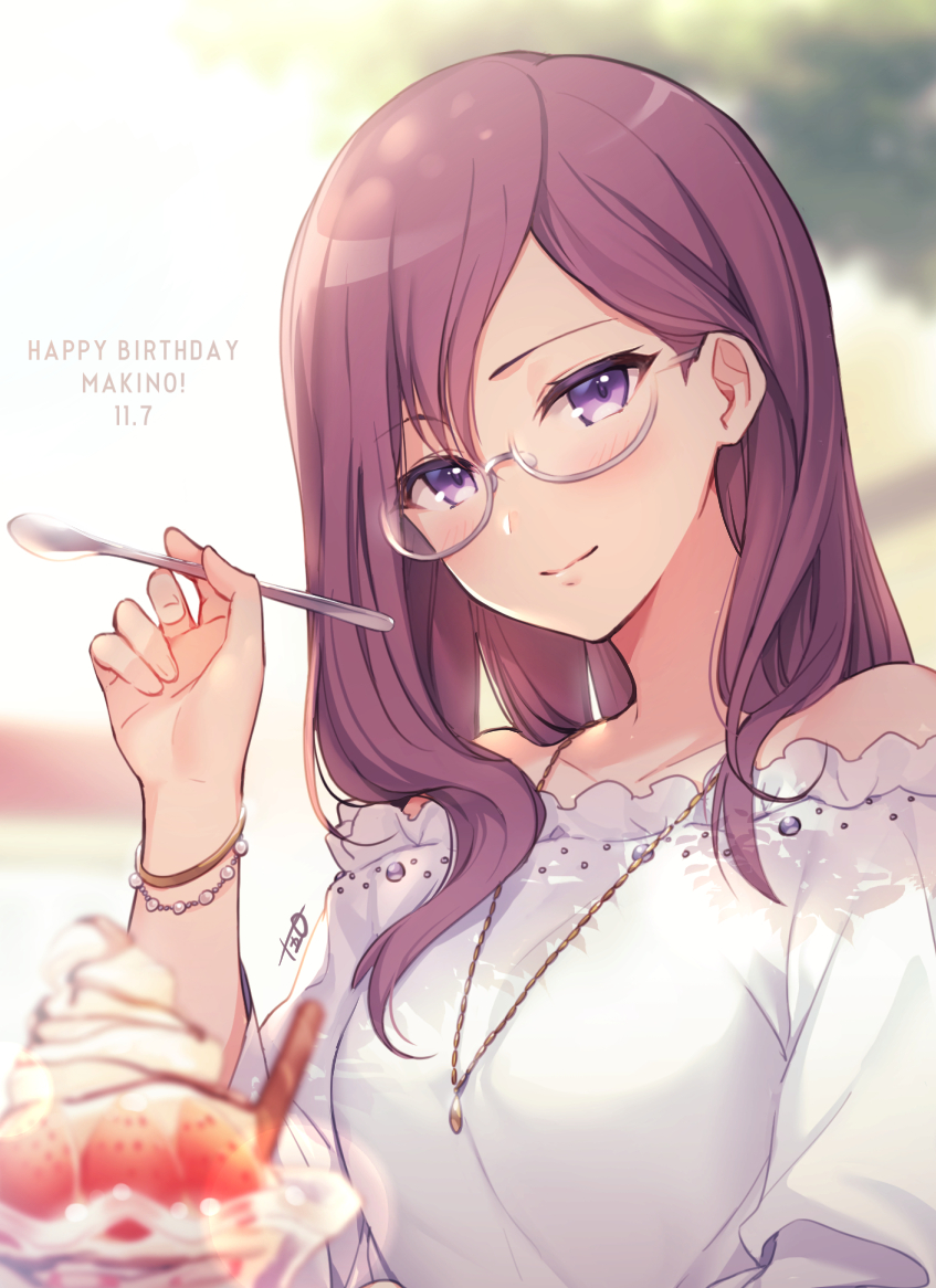 1girl backlighting bangs blurry blurry_background blush breasts character_name closed_mouth collarbone commentary_request day depth_of_field eyebrows_visible_through_hair food fruit glasses grey-framed_eyewear happy_birthday holding holding_spoon ice_cream idolmaster idolmaster_cinderella_girls jewelry juugonichi_(wheeliex2) long_hair looking_at_viewer medium_breasts necklace off_shoulder outdoors purple_hair semi-rimless_eyewear signature smile solo spoon strawberry sundae under-rim_eyewear upper_body violet_eyes yagami_makino