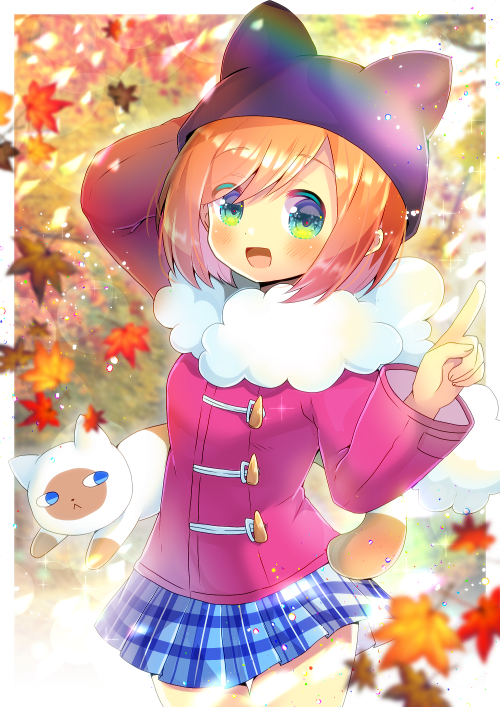 1girl :d animal animal_ears animal_hat arm_behind_head arm_up autumn_leaves bangs black_headwear blue_eyes blue_skirt blurry blurry_background blurry_foreground blush brown_hair cat character_request depth_of_field fake_animal_ears fur_collar green_eyes hat index_finger_raised jacket kouu_hiyoyo leaf long_sleeves maple_leaf open_mouth pink_jacket plaid plaid_skirt pleated_skirt pop'n_music skirt smile solo swept_bangs thigh_gap wide_sleeves