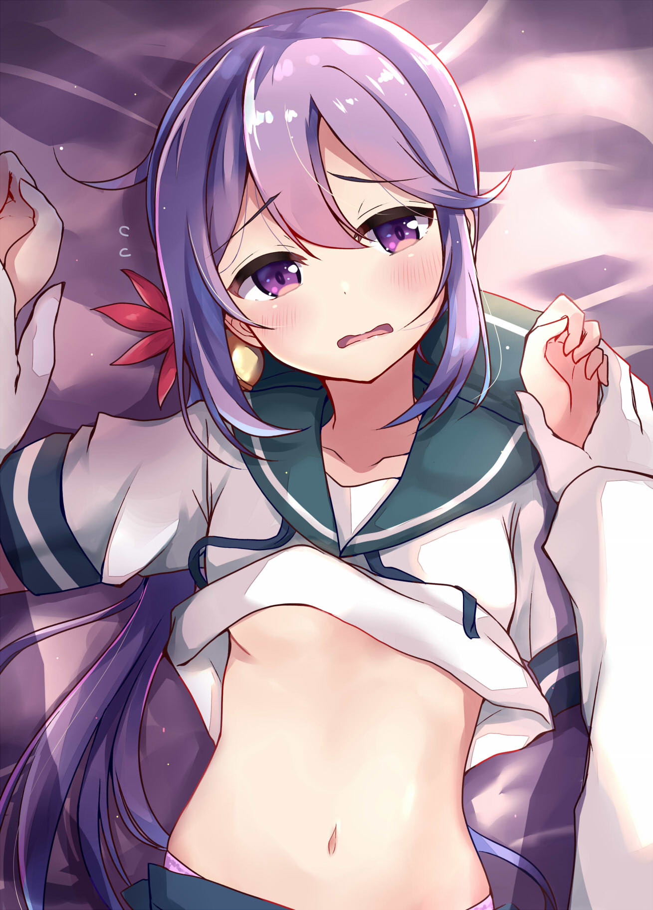 1boy 1girl akebono_(kantai_collection) bell blush commentary_request flower flying_sweatdrops hair_bell hair_flower hair_ornament highres jingle_bell kantai_collection long_hair long_sleeves lying navel on_back pov purple_hair school_uniform serafuku shirt_lift side_ponytail skirt soramuko very_long_hair violet_eyes wrist_grab