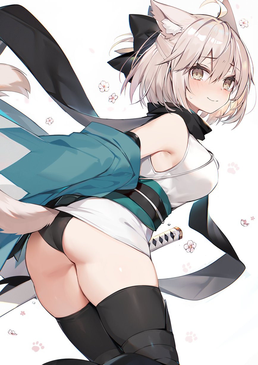 1girl ahoge animal_ears ass black_panties blush breasts cat_ears cherry_blossoms fate/grand_order fate_(series) haori highres japanese_clothes katana muryotaro okita_souji_(fate) okita_souji_(fate)_(all) panties paw_print scarf smile sword tail tears thigh-highs underwear weapon