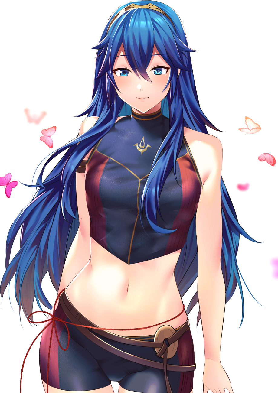 1girl ameno_(a_meno0) armlet bangs bare_shoulders blue_eyes blue_hair bug butterfly closed_mouth crop_top fire_emblem fire_emblem_awakening fire_emblem_heroes hair_between_eyes highres insect long_hair looking_at_viewer lucina_(fire_emblem) midriff navel pink_butterfly shorts smile standing stomach swimsuit tiara very_long_hair