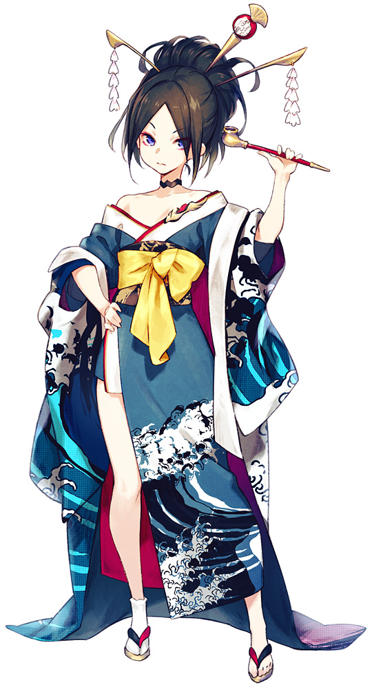 1girl bangs bare_shoulders black_hair blue_eyes blue_kimono bow brown_footwear closed_mouth collarbone commentary_request eyebrows_visible_through_hair full_body fuyuno_yuuki hair_bun hair_ornament hair_stick hand_on_hip hand_up holding holding_pipe japanese_clothes kimono kiseru long_sleeves obi off_shoulder original parted_bangs pipe print_kimono sash simple_background single_sock socks solo standing tabi v-shaped_eyebrows white_background white_legwear wide_sleeves yellow_bow zouri