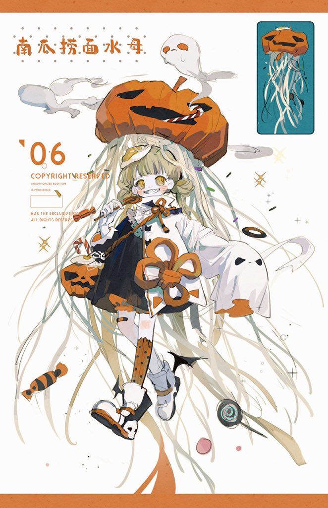 1girl bandaid bandaid_on_knee blonde_hair candy candy_cane food full_body ghost hat jack-o'-lantern jellyfish long_sleeves orange_legwear original parted_lips polka_dot polka_dot_legwear pumpkin single_sock sleeves_past_fingers sleeves_past_wrists smile socks solo walking white_footwear yellow_eyes zhenjiuzi