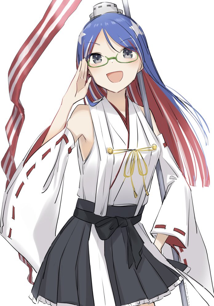 1girl :d artist_name bare_shoulders black_skirt blue_hair blush cosplay cowboy_shot detached_sleeves eyebrows_visible_through_hair glasses green-framed_eyewear grey_eyes japanese_clothes kantai_collection kirishima_(kantai_collection) kirishima_(kantai_collection)_(cosplay) long_hair multicolored_hair nontraditional_miko open_mouth pleated_skirt redhead ribbon-trimmed_sleeves ribbon_trim simple_background skirt smile solo south_dakota_(kantai_collection) star_(symbol) white_background white_hair wide_sleeves yamashiki_(orca_buteo)