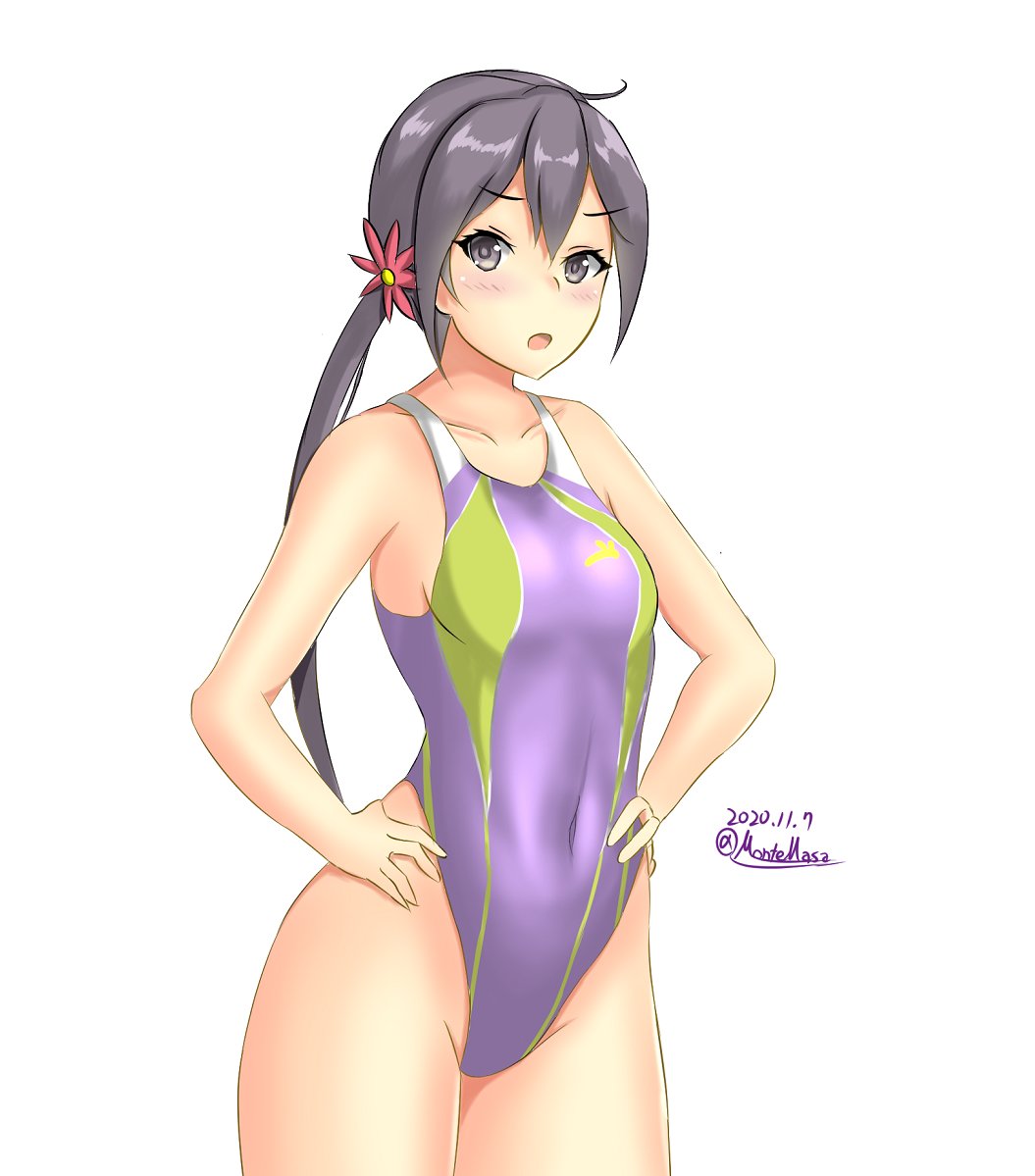 1girl akebono_(kantai_collection) bell breasts commentary_request competition_swimsuit covered_navel cowboy_shot dated flower grey_eyes grey_hair hair_bell hair_flower hair_ornament highleg highleg_swimsuit jingle_bell kantai_collection long_hair looking_at_viewer montemasa one-piece_swimsuit purple_swimsuit side_ponytail simple_background small_breasts solo standing swimsuit twitter_username very_long_hair white_background