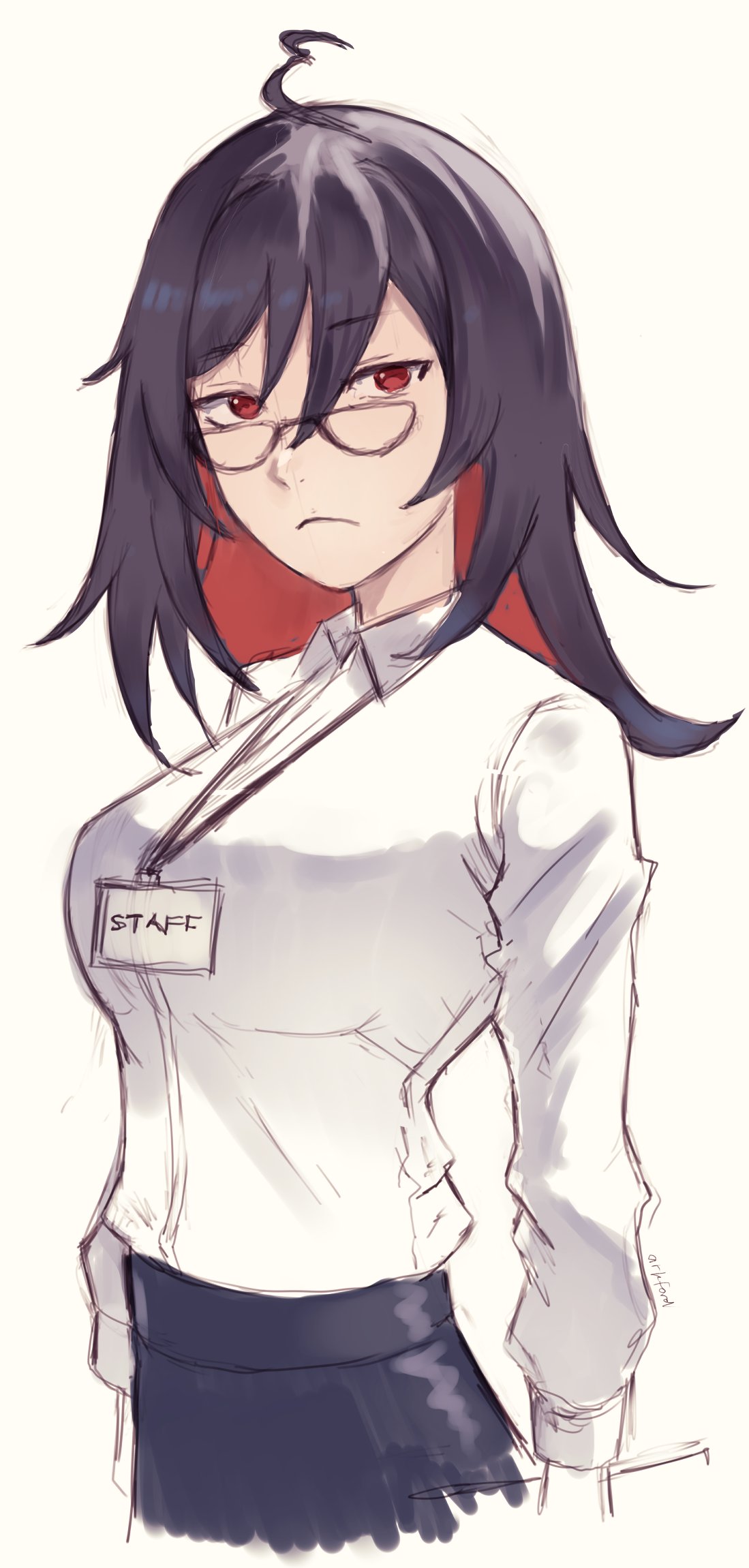 1girl ahoge ark_ford artist_name black_hair colored_inner_hair cropped_torso english_commentary enma-chan glasses hair_between_eyes highres hololive hololive_english id_card lanyard long_sleeves looking_at_viewer medium_hair multicolored_hair red_eyes redhead sketch solo