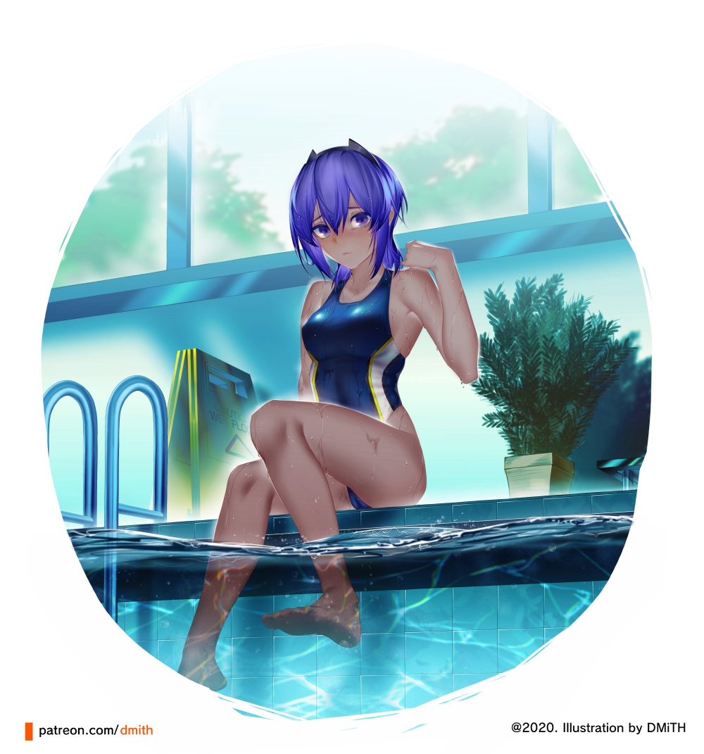 1girl alternate_costume arm_at_side artist_name bangs bare_arms bare_legs bare_shoulders barefoot black_hairband blue_swimsuit blush breasts closed_mouth collarbone competition_swimsuit dark_skin dmith eyebrows_visible_through_hair fate/grand_order fate_(series) hairband hand_up hassan_of_serenity_(fate) highleg highleg_swimsuit indoors looking_at_viewer medium_breasts one-piece_swimsuit partially_underwater_shot plant pool pool_ladder potted_plant purple_hair round_image short_hair sitting soaking_feet solo swimsuit violet_eyes water watermark web_address wet window