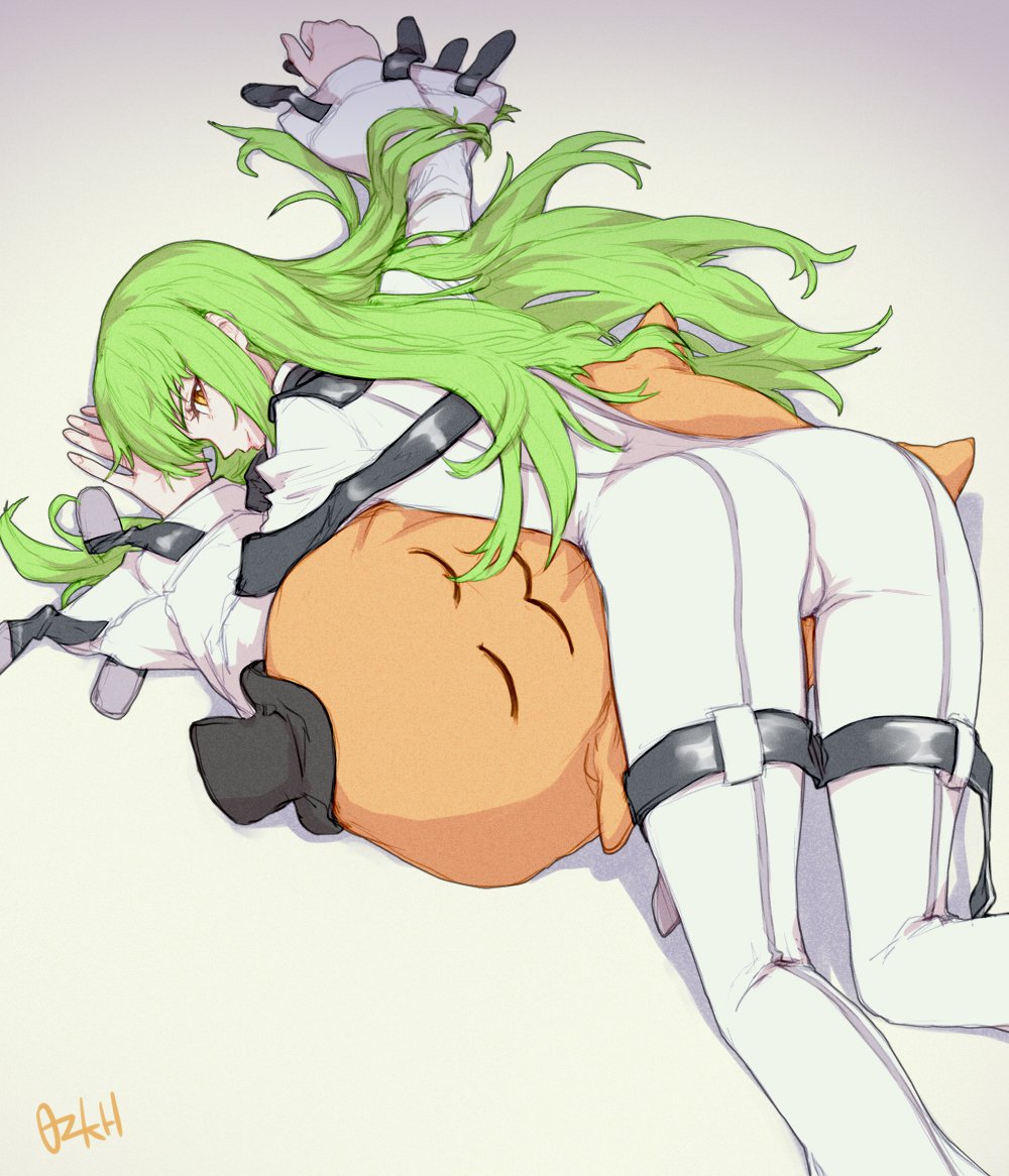 1girl artist_name ass bodysuit c.c. cheese-kun closed_mouth code_geass green_hair grey_background long_hair long_sleeves looking_at_viewer lying on_stomach ozkh smile white_bodysuit yellow_eyes