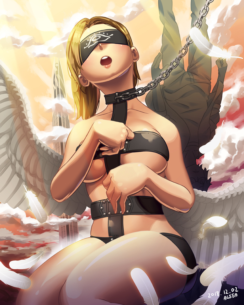 1boy 1girl alsea angel angel_(megami_tensei) angel_wings blindfold blonde_hair bondage_outfit building chain clouds cloudy_sky commentary_request dated eye_print feathers medium_hair open_mouth shin_megami_tensei signature sitting skindentation sky skyscraper upper_teeth wings
