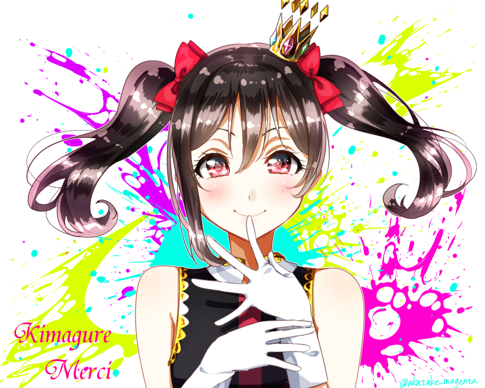 1girl bangs black_hair blush bow closed_mouth crown floating_hair gloves hair_between_eyes hair_bow long_hair love_live! love_live!_school_idol_project mini_crown necktie niro_(sikabanekurui) paint_splatter red_bow red_eyes red_neckwear shiny shiny_hair sleeveless smile solo twintails upper_body white_background white_gloves yazawa_nico