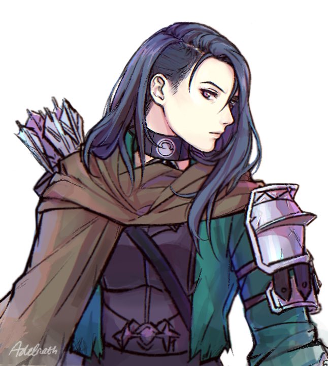 1girl adelnath armor arrow_(projectile) black_armor black_hair brown_cape cape choker closed_mouth commentary english_commentary fire_emblem fire_emblem:_three_houses from_side green_jacket hair_between_eyes jacket lips long_hair long_sleeves looking_at_viewer older open_clothes open_jacket profile quiver shamir_nevrand shoulder_armor signature simple_background solo violet_eyes white_background