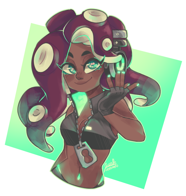 1girl aqua_eyes black_gloves boukken dark_skin dark-skinned_female fingerless_gloves gloves hand_up looking_at_viewer marina_(splatoon) midriff navel octarian outline pink_pupils signature smile solo splatoon_(series) splatoon_2 suction_cups tentacle_hair upper_body white_outline zipper zipper_pull_tab