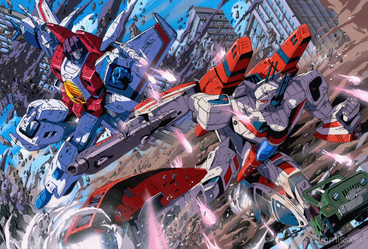 arm_cannon autobot car choujikuu_yousai_macross clenched_hand decepticon fighting fusion ground_vehicle hound_(transformers) insignia jetfire macross marble-v mecha motor_vehicle no_humans red_eyes starscream traditional_media transformers vf-1 visor weapon