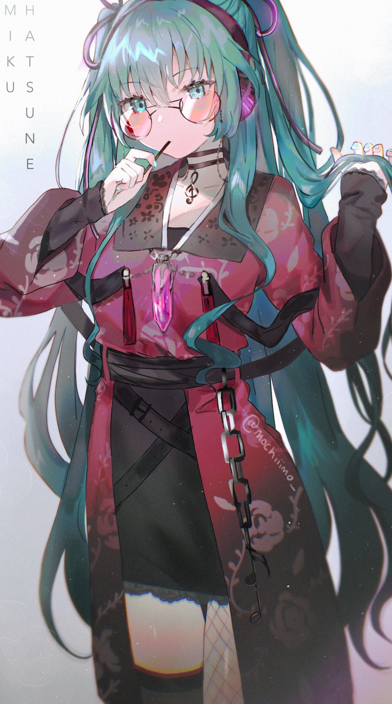 1girl aqua_eyes aqua_hair aqua_nails chain character_name choker eyewear_on_head food hair_between_eyes hatsune_miku headphones highres long_hair mochii musical_note_necklace nail_polish pocky sleeves_past_wrists solo thigh-highs twintails very_long_hair vocaloid white_background wide_sleeves