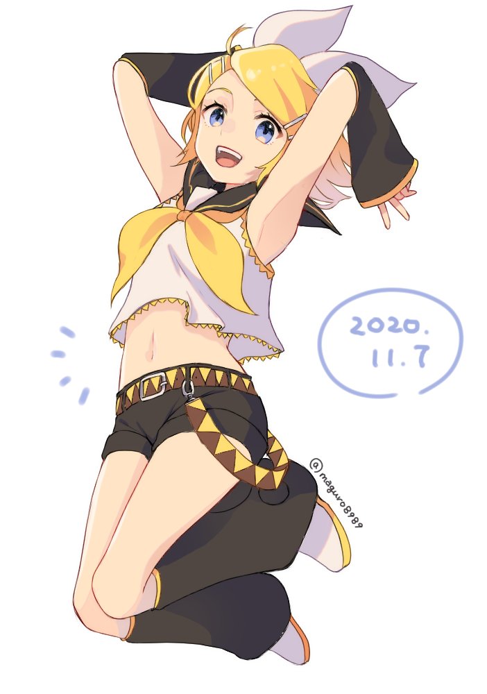 /\/\/\ arm_warmers arms_behind_head arms_up bangs bare_shoulders binchou_maguro black_collar black_shorts blonde_hair blue_eyes bow collar commentary crop_top date_pun dated full_body hair_bow hair_ornament hairclip kagamine_rin leg_warmers midriff navel neckerchief number_pun open_mouth sailor_collar school_uniform shirt short_hair short_shorts shorts sleeveless sleeveless_shirt smile stomach swept_bangs twitter_username vocaloid white_background white_bow white_shirt yellow_neckwear