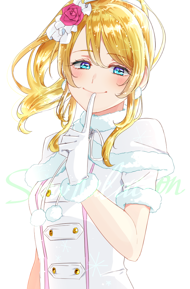 1girl ayase_eli blonde_hair blue_eyes blush capelet closed_mouth eyebrows_visible_through_hair floating_hair flower fur-trimmed_capelet fur-trimmed_gloves fur_trim gloves hair_between_eyes hair_flower hair_ornament hair_ribbon long_hair looking_at_viewer love_live! love_live!_school_idol_project niro_(sikabanekurui) pink_flower ponytail ribbon shiny shiny_hair short_sleeves simple_background smile solo upper_body white_background white_capelet white_gloves white_ribbon