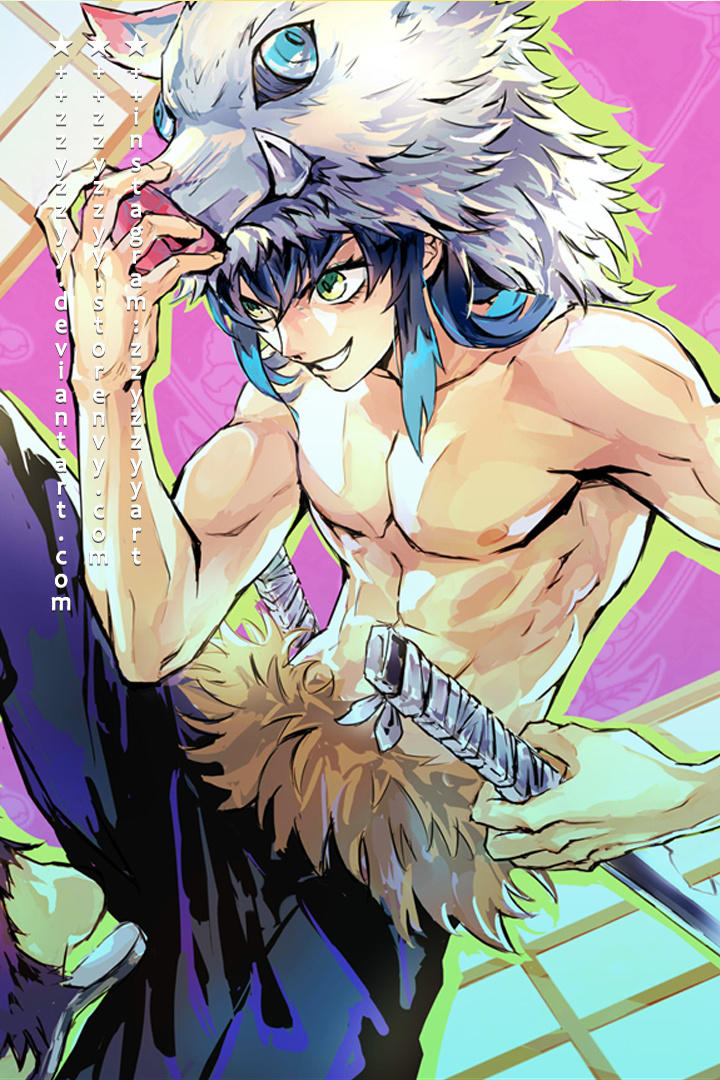 1boy abs arm_up bangs blue_hair blue_pants boar_mask commentary deviantart_username english_commentary green_eyes green_outline hair_between_eyes hashibira_inosuke holding holding_sword holding_weapon instagram_username katana kimetsu_no_yaiba looking_to_the_side male_focus mask mask_on_head multicolored multicolored_background multicolored_hair muscle nipples outline pants parted_lips pectorals sandals shirtless smile smirk solo sword two-tone_hair watermark weapon web_address zzyzzyy
