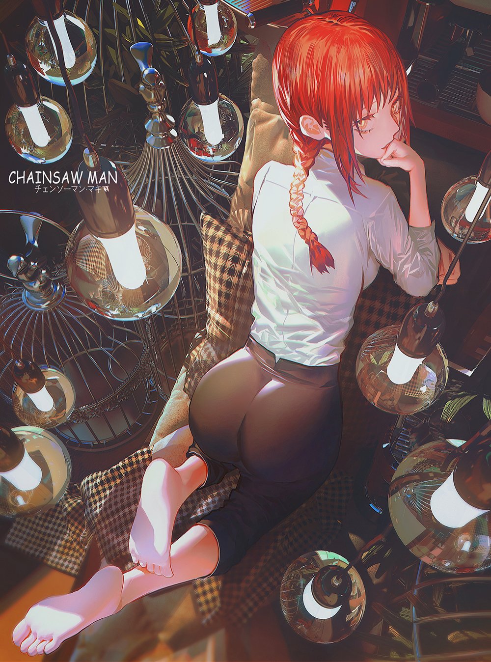 1girl artist_request ass bangs barefoot braid braided_ponytail breasts chainsaw_man chair chin_rest collared_shirt feet formal highres kneeling long_sleeves looking_at_viewer makima_(chainsaw_man) medium_breasts medium_hair pants parted_lips ringed_eyes shirt soles solo toes white_shirt