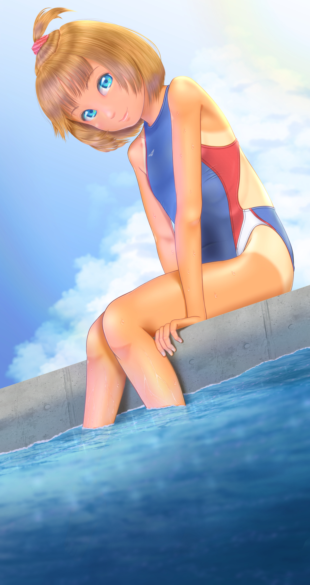 1girl blue_eyes blue_sky blue_swimsuit clouds commentary_request competition_swimsuit day dutch_angle english_commentary flat_chest highres looking_at_viewer mixed-language_commentary one-piece_swimsuit one-piece_tan orange_hair original outdoors short_hair sitting sky soaking_feet solo swimsuit tan tanline topknot uzuki_mei water