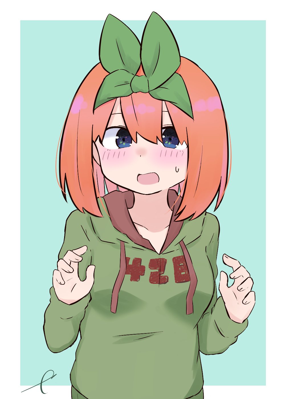 1girl bangs blue_background blue_eyes blush breasts clothes_writing collarbone commentary_request drawstring eyebrows_behind_hair go-toubun_no_hanayome green_hoodie green_ribbon hair_between_eyes hair_ribbon hands_up highres hood hood_down hoodie kujou_karasuma long_sleeves looking_at_viewer nakano_yotsuba open_mouth orange_hair ribbon signature sleeves_past_wrists small_breasts solo sweat two-tone_background upper_body white_background