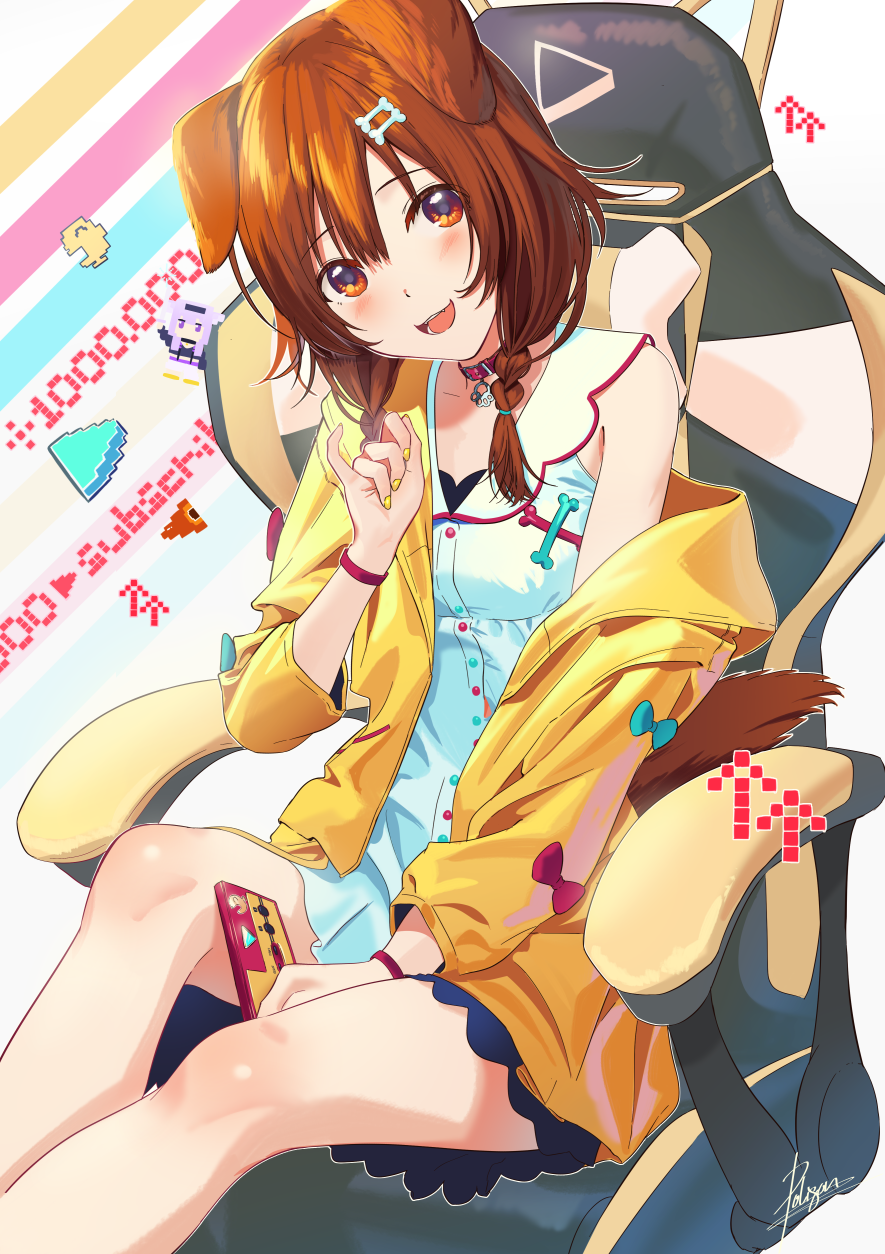 1girl :3 animal_ears bangs blue_bow blush bone_hair_ornament bow bracelet braid breasts brown_eyes brown_hair buttons cartoon_bone chair collar dog_collar dog_ears dog_girl dog_tail dress fangs hair_between_eyes hair_ornament hairclip highres hololive inugami_korone jacket jewelry long_hair looking_at_viewer low_twin_braids nail_polish off-shoulder_jacket open_mouth poligon_(046) red_bow red_collar short_dress sitting smile solo tail thighs twin_braids virtual_youtuber wristband yellow_jacket