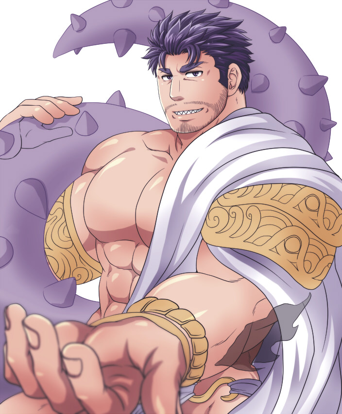 1boy abs bara bare_chest blurry_foreground chest dagon_(tokyo_houkago_summoners) facial_hair greek_clothes looking_at_viewer male_focus manly muscle nipples no_nipples octopus_boy purple_hair short_hair sideburns single_bare_shoulder solo stubble sunfight0201 tentacles tokyo_houkago_summoners upper_body