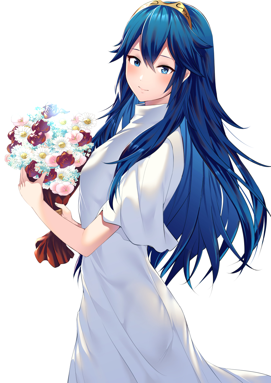 1girl ameno_(a_meno0) bare_arms blue_eyes blue_hair blush bouquet cute dress fire_emblem fire_emblem:_kakusei fire_emblem_13 fire_emblem_awakening flower highres intelligent_systems long_hair looking_at_viewer lucina lucina_(fire_emblem) nintendo simple_background smile solo symbol-shaped_pupils tiara white_background white_dress