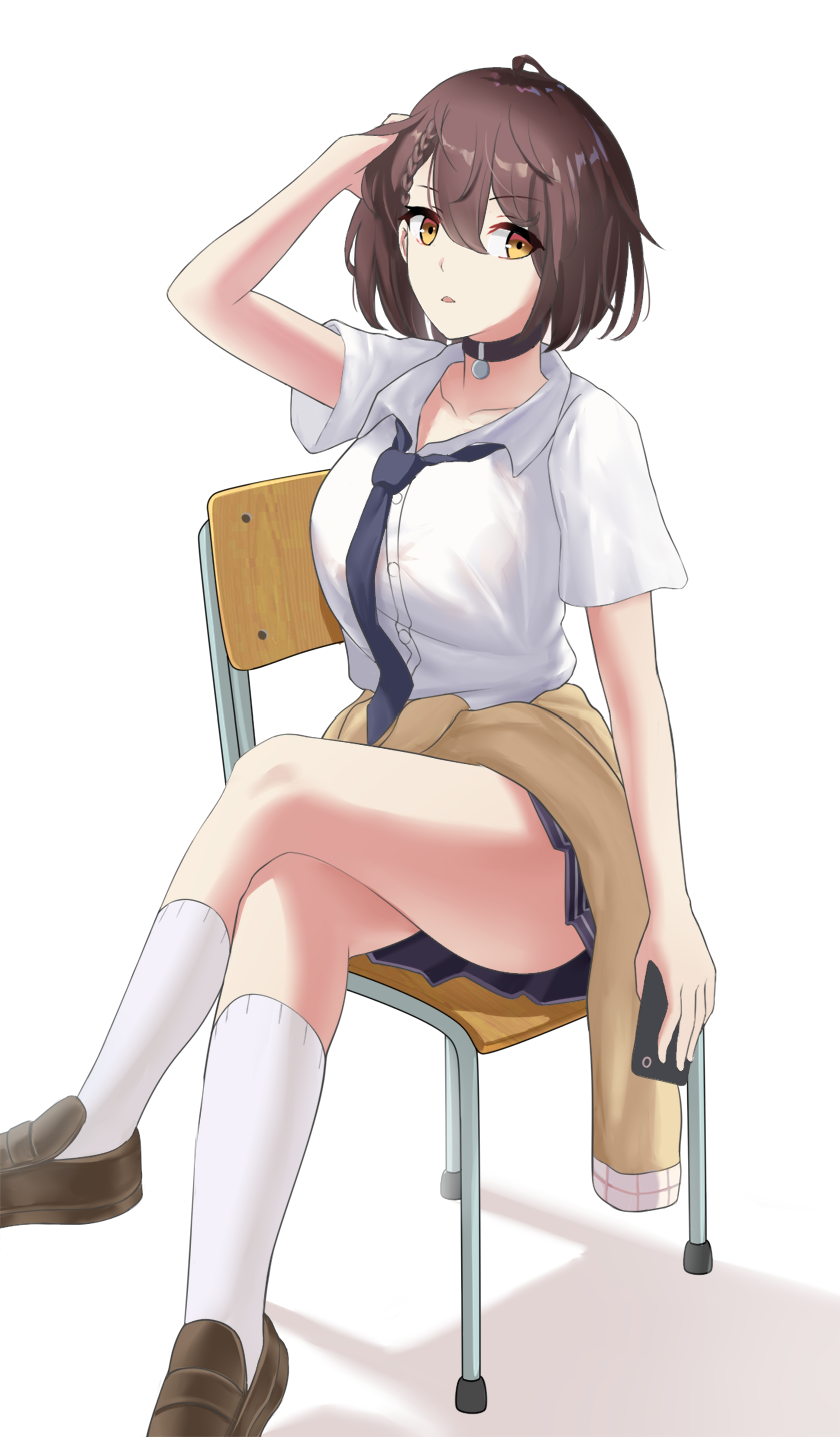 1girl azur_lane baltimore_(after-school_ace)_(azur_lane) baltimore_(azur_lane) beige_sweater black_choker black_neckwear black_skirt braid brown_footwear brown_hair cellphone chair choker clothes_around_waist collared_shirt crossed_legs eyebrows_visible_through_hair french_braid hair_between_eyes hand_in_hair highres holding holding_phone inflameys looking_at_viewer loose_necktie miniskirt necktie phone pleated_skirt school_chair school_uniform shirt shoes short_hair short_sleeves simple_background skirt smartphone socks solo sweater sweater_around_waist tied_sweater white_background white_legwear white_shirt wing_collar yellow_eyes