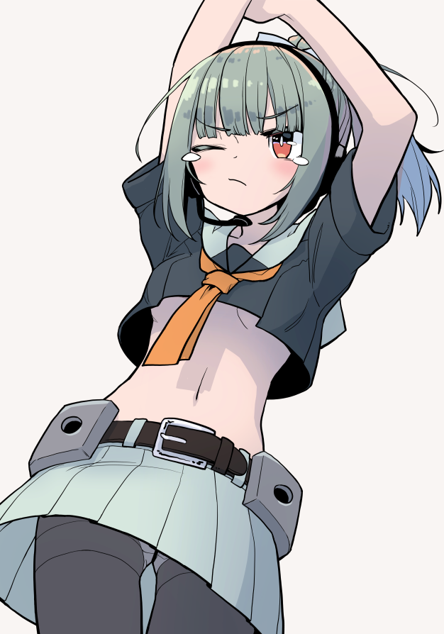 1girl ass_visible_through_thighs belt black_legwear bow breasts commentary_request crop_top green_hair green_skirt grey_background hair_bow kantai_collection long_hair midriff monaka_ooji navel no_bra one_eye_closed panties panties_under_pantyhose pantyhose ponytail remodel_(kantai_collection) school_uniform serafuku simple_background skirt solo stretch tank_top tears under_boob underwear upshirt upskirt yellow_neckwear yuubari_(kantai_collection)